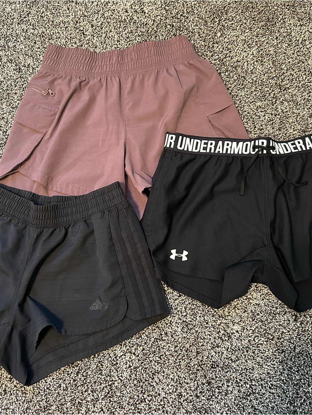 Under Armour, Adidas Black Athletic Shorts with Elastic Logo Waistband set of 3